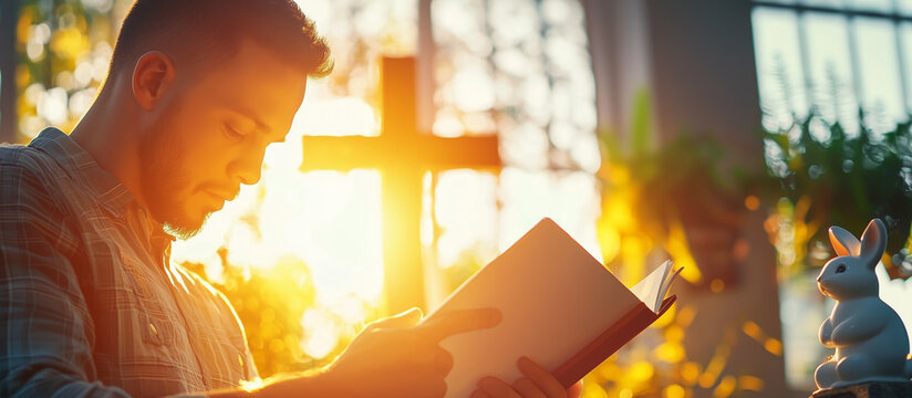 A man reading in study with bunny bookmark and cross statue