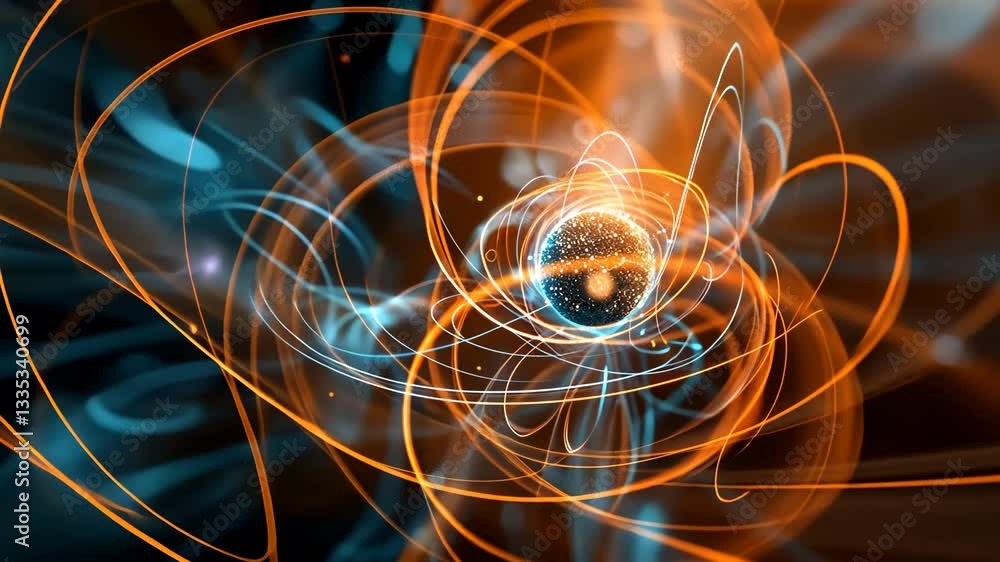 Poster dynamic visualization of atomic particles in motion showcasing swirling energy, vibrant colors, and 