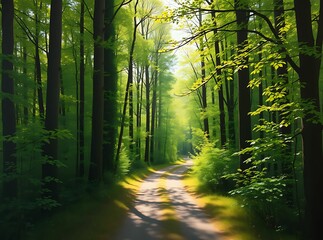 Fototapeta premium Spring Forest Path with Sunlight and Fresh Leaves in Oil Painting Style