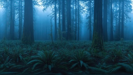 Fototapeta premium Enigmatic Blue Forest at Dawn with Glowing Fireflies and Fog