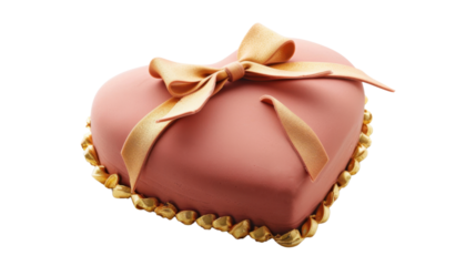 Heart shaped cake decorated with gold ribbon and pearls on transparent background