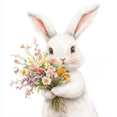 Obraz premium Fluffy white bunny with a bouquet of colorful flowers. Ideal for greeting card, kids book, easte. Ideal for greeting card, kids book, easter decor. Watercolor illustration.