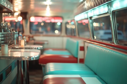 Retro diner interior; teal & red booths, chrome counter