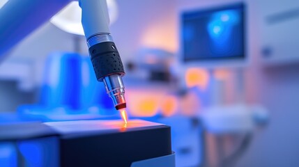 Close-up of Advanced Medical Laser Equipment in a High-Tech Clinical Setting with Soft Blue Lighting