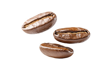 Three Roasted Coffee Beans Falling Against Transparent Background, PNG