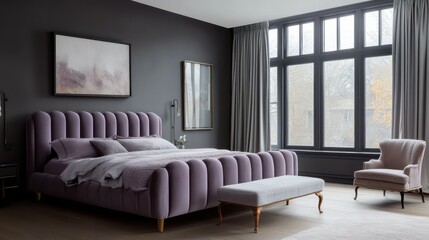 Fototapeta premium A stylish bedroom with a luxurious purple velvet bed, accented with a soft lavender velvet headboard and footboard