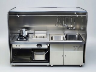 Obraz premium A compact stainless steel kitchen unit with various cooking appliances