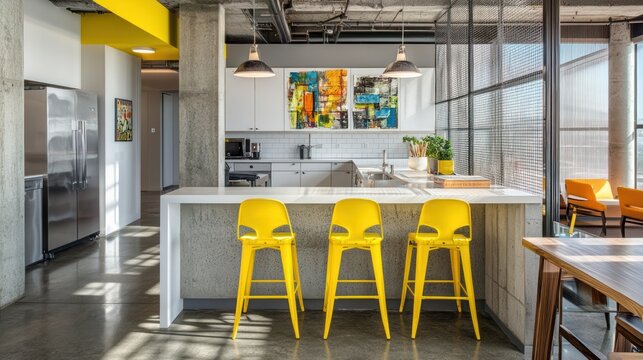 Modern office kitchen, yellow stools, city view, break room