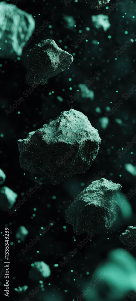 Wall mural floating rocks in a cosmic setting create a mysterious atmosphere in outer space