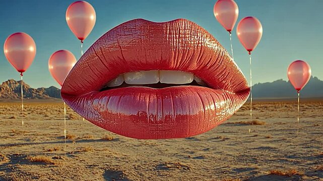 Giant glossy lips float above a desert landscape with pink balloons
