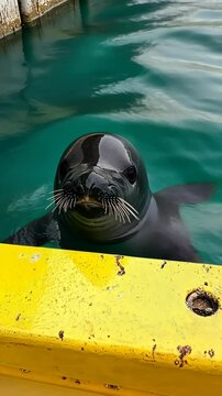 Seal curiously peers over yellow dock edge at marine park during sunny afternoon