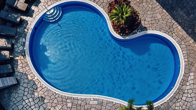 Aerial view of kidney shaped swimming pool surrounded by stone tiles and lounge chairs, with small palm tree nearby. clear water reflects sunlight, creating serene outdoor scene.