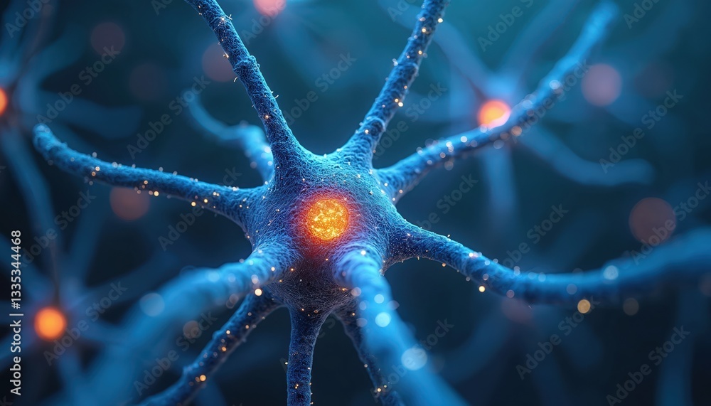 Poster Active neurons network with glowing synapses illustration. Neural network connectivity, science, biology concepts. Glowing sparks symbolize active connections in neurology, medical research,