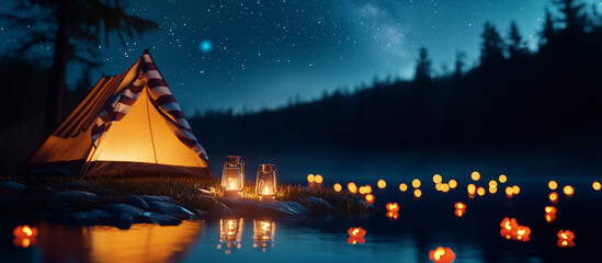 Fototapeta premium Camping with Friends Under the Stars by a Lake