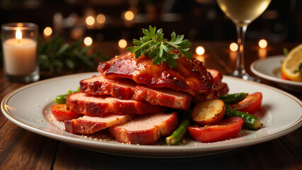 Sliced honey glazed ham with vegetables on elegant plate - perfect for holiday recipe blogs, festive dinner ideas, and seasonal food photography