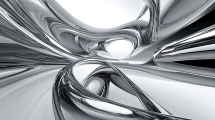 Abstract Chromatic Metallic Sculpture: A Digital Rendering of Swirling, Shiny, Silver, and Gray Forms in a Futuristic, Architectural Style