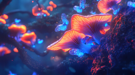 Obraz premium Queer ecology concept. symbiotic relationships in a neon lit fungal wonderland. Radiant Fungal. Illustration