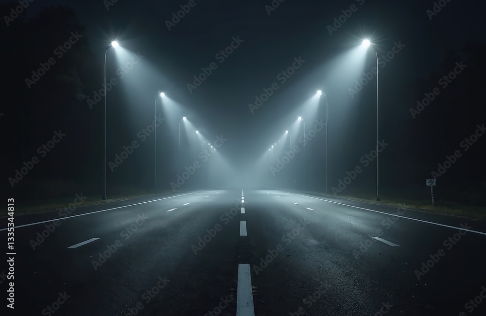 Aufkleber night road with street lights in fog. empty asphalt highway illuminated at night. perspective view o