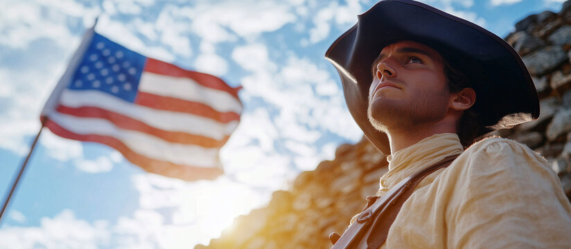 Revolutionary War Reenactor at Fort with Musket and Flag