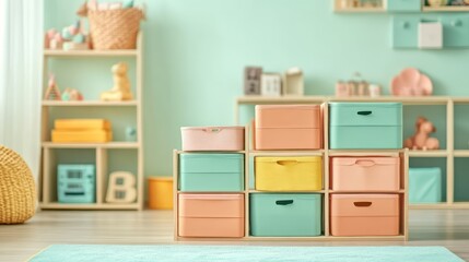 Fototapeta premium A stylish playroom with wooden shelves stacked with a mix of turquoise, coral, and yellow storage boxes