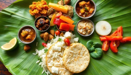 South Indian breakfast spread on a banana leaf, vibrant colors, fresh ingredients, Tamil Nadu, Andhra Pradesh