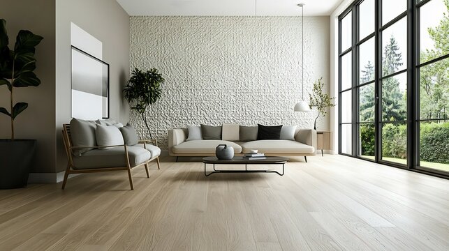 Minimalist living room with Scandinavian furniture neutral tones an accent wall with textured wallpaper and hardwood flooring featuring natural light streaming through large windows