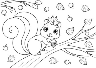 A charming black and white illustration of a squirrel holding an acorn, perched on a tree branch.