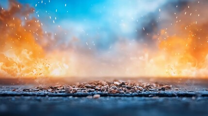 Fiery, dramatic,  background scene with flames and sparks on a dark surface.