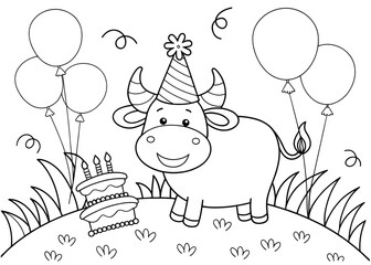 Naklejka premium Cute cartoon ox wearing a party hat with balloons and cake, perfect for coloring pages.