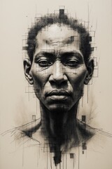 Interpretive pencil sketch of ancestral African figures with fragmented faces, dissolving into abstraction on textured paper, created with expressive graphite strokes and bold black ink