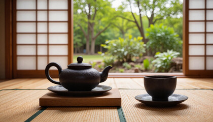 Teapot and cup on wooden table against serene garden backdrop