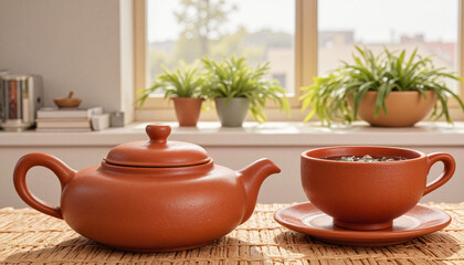 Teapot and cup with tea on wooden table against sunny background