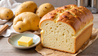 Freshly baked bread with butter and potatoes on wooden table