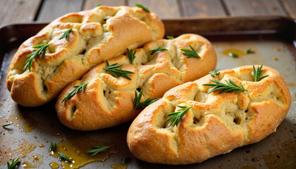 Freshly baked bread rolls on wooden tray