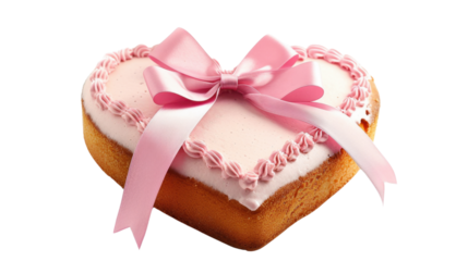 Heart shaped cake with pink ribbon on transparent background