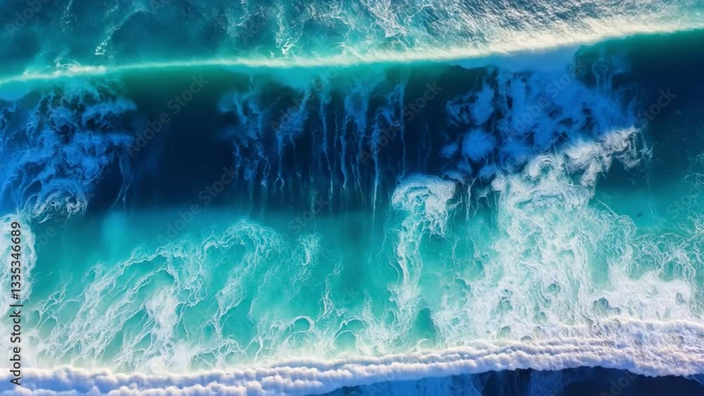 Poster aerial view of vibrant turquoise ocean waves crashing with white foam, creating dynamic and mesmeriz