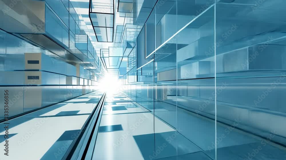 Poster futuristic abstract digital corridor with blue geometric shapes and bright light creating depth and 