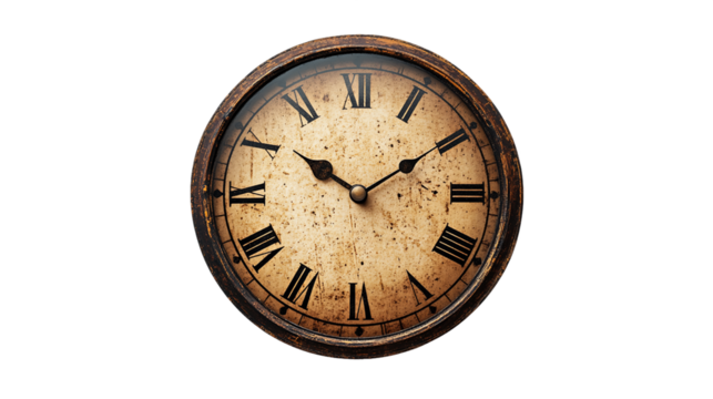 Vintage Clock With Roman Numerals On Transparent Background, PNG