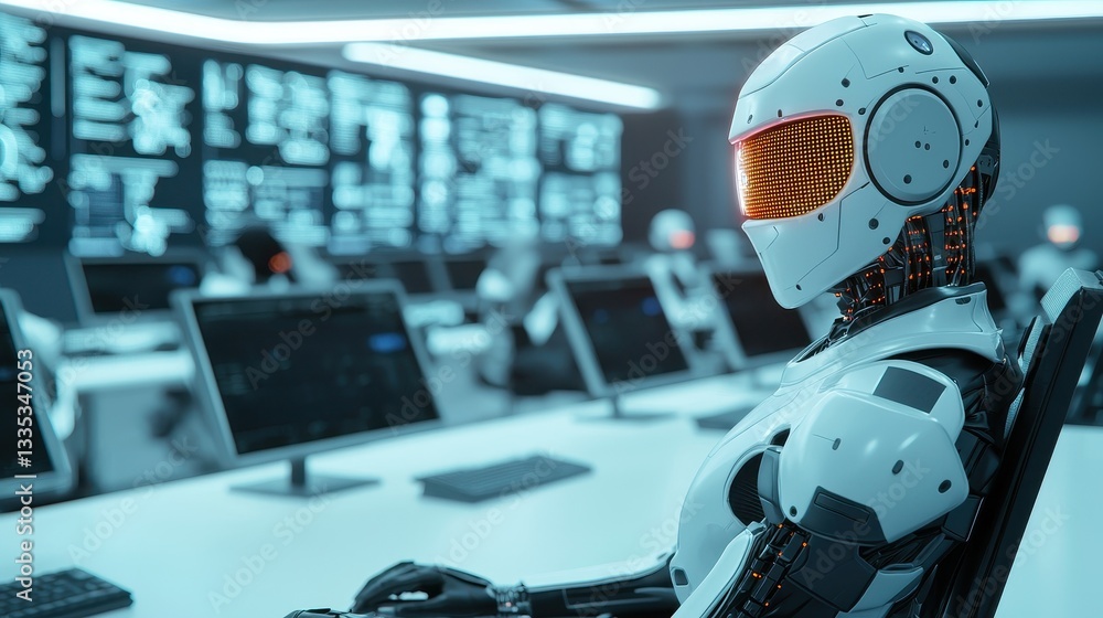 Poster a futuristic robot sits at a workstation, surrounded by screens displaying data, symbolizing advance