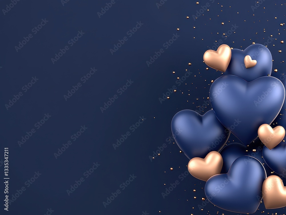Poster colorful hearts arranged artistically on a dark background with sparkling elements