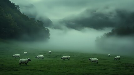 Misty Green Field with Grazing Sheep and Dark Hills