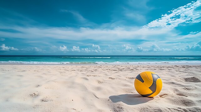 A volleyball on a sandy beach with waves in the distance