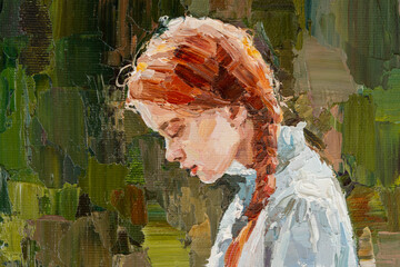  A young girl is reading an interesting red-bound book. Oil painting on canvas.