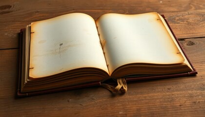 Fototapeta premium Aged, blank vintage book; weathered cover, yellowed pages, history, reading
