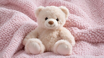 Plush Teddy Bear Resting on a Soft Pink Blanket