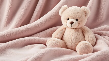 Plush Teddy Bear Resting on a Soft Pink Blanket