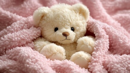 Plush Teddy Bear Resting on a Soft Pink Blanket