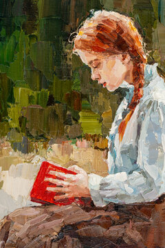  A young girl is reading an interesting red-bound book. Oil painting on canvas.