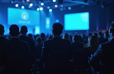 Audience at conference with blue lighting, large screens. People attend presentation, business meeting, corporate seminar, pro lecture in auditorium. Attendees listen to speaker, participate in