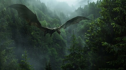 A majestic dragon soaring over a misty forest, showcasing detailed scales and massive wings.